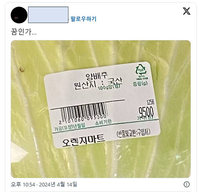 X(옛 트위터)의 한 사용자가 올린 24시간 마트에서 판매하는 '9500원' 가격표가 붙은 양배추 사진.