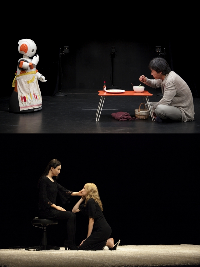 일본을 대표하는 극작가 겸 연출가 히라타 오리자의 로봇 연극 ‘일하는 나’(위)와 ‘사요나라’.  ‘일하는 나’에는 휴머노이드 로봇이, ‘사요나라’에는 안드로이드 로봇이 각각 등장한다.     극단 청년단, 페스티벌 봄