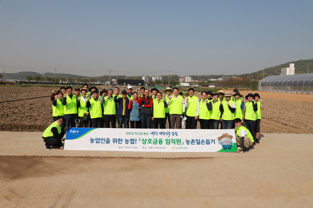 여영현 상호금융대표이사(앞줄 왼쪽 아홉번째)와 임직원들은 19일 경기 파주 가지 농가를 방문해 농촌일손돕기에 나섰다. 농협 상호금융