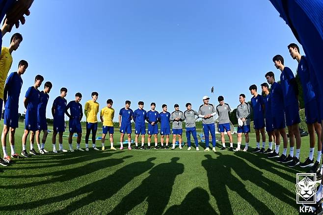 훈련에 앞서 모인 대한민국 23세 이하(U-23) 축구 국가대표팀. 사진 대한축구협회