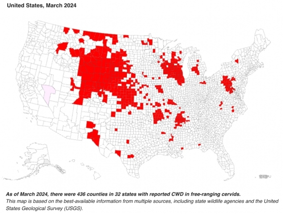 2024년 3월 기준 미국 전역에서 광록병(CWD) 사례가 확인된 지역을 표시한 그래픽. 사진 미국지질조사국(USGS)