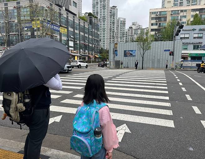 한 초등학생이 강남구 대치동에서 학원에 가기 위해 횡단보도 신호를 기다리고 있다.