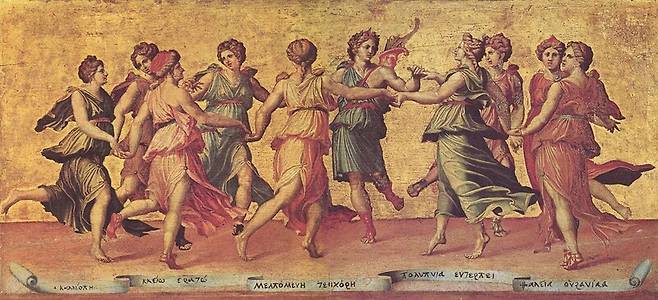 그리스 신화에 나오는 무사 여신들. 무사 여신은 문학·예술·학문의 창조 영역에 영감을 준다. 위키미디어 코먼스