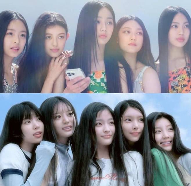 하이브 계열인 어도어의 뉴진스(위)와 빌리프랩의 아일릿. 아일릿이 뉴진스를 모방했다는 민희진 어도어 대표의 주장에 대한 누리꾼들의 의견은 다소 갈리고 있다. 온라인 커뮤니티 캡처