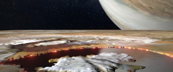 NASA 애니메이션으로 구현된 용암 호수 로키 파테라(Loki Patera)와 목성 모습. NASA