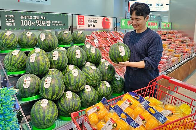 롯데마트 제타플렉스 서울역점 과일 매장에 판매하는 수박과 참외. AI 선별 시스템을 통해 품질을 검증했다. ⓒ롯데마트 제공