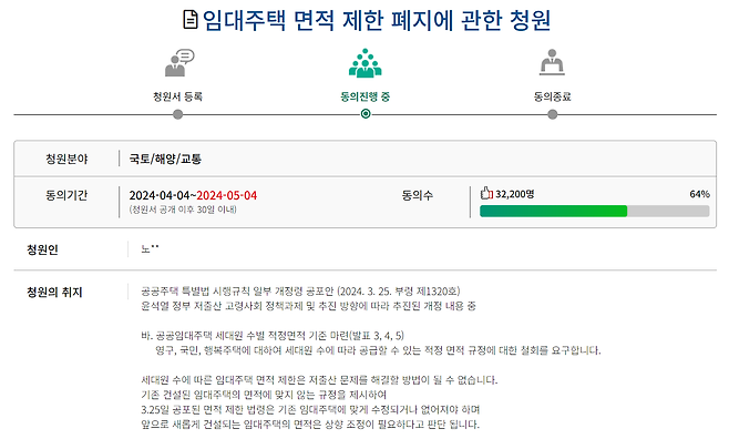 4월4일 게시된 '임대주택 면적 제한 폐지에 관한 청원'./출처=국민동의청원