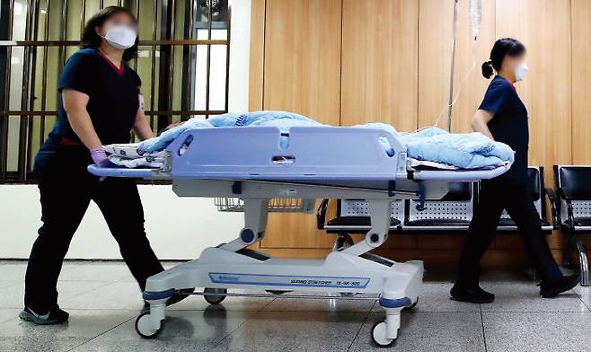 의대 증원을 둘러싸고 갈등이 계속되는 가운데 4월 8일 대구 한 대학병원에서 간호사들이 환자 침상을 옮기고 있다. [뉴스1]
