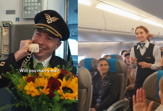 지난 22일 LOT폴란드항공 공식 SNS 계정에는 조종사인 콘라드 한크가 승무원인 여자친구 파울라에게 청혼하는 과정이 담긴 영상이 올라왔다. 청혼을 들은 파울라는 곧장 한크에게 달려가 안겼다. 사진 인스타그램 캡처