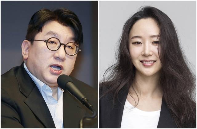 하이브 방시혁(왼쪽) 의장은 멀티레이블 체제를 도입해 K팝 산업을 한 단계 도약시켰다는 평가를 받아왔다. 하지만 산하 레이블 어도어 민희진 대표와 갈등이 불거지면서 성공에만 매몰돼 ‘다양성’이라는 멀티레이블 체제의 본질을 놓치고 있다는 비판을 받고 있다. 뉴시스 하이브 제공