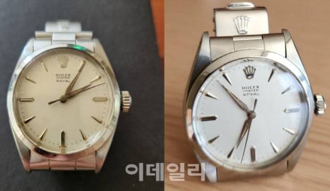 지난 4월 롤렉스코리아 공식 고객 서비스(CS) 센터에서 수리받기 이전(왼쪽)과 이후의 문자판 사진. (사진=백주아 기자)