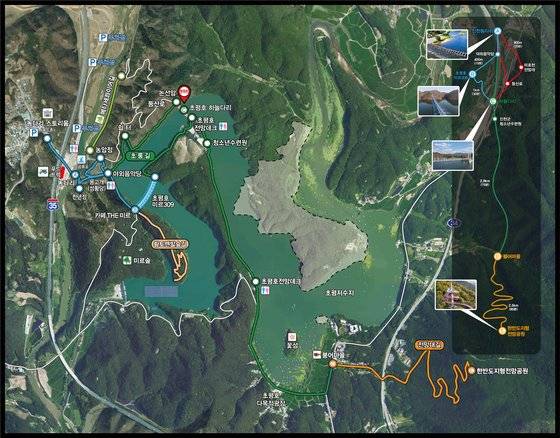 충북 진천군 문백면 농다리, 초평호권 관광 안내도. 사진 진천군