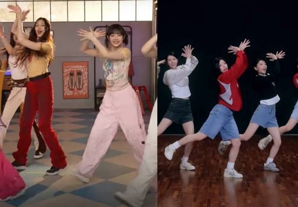 뉴진스가 맥도날드 홍보를 맡아 공개한 ‘치킨 댄스’의 동작(왼쪽)과 아일릿의 ‘럭키 걸 신드롬’ 후렴구 안무 동작. 한국맥도날드·아일릿 공식 유튜브 캡쳐