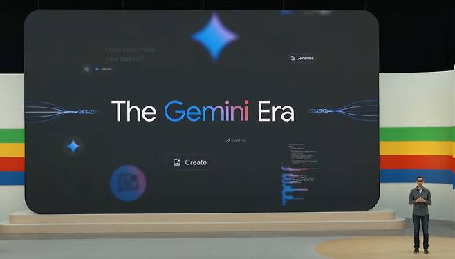 순다르 피차이 알파벳 최고경영자(CEO)가 14일(현지시간) 미국 캘리포니아주 마운틴뷰에서 열린 '구글 연례 개발자 회의(I/O)'에서 기조 연설을 하고 있다(유튜브 생중계 갈무리). 2024.05.14.