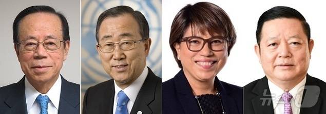 후쿠다 야스오 전 일본 총리, 반기문 전 유엔사무총장, 레베카 파티마 스타 마리아 아시아·태평양경제협력체(APEC) 사무국장, 까으 끔 후은 아세안 사무총장(왼쪽부터)/뉴스1