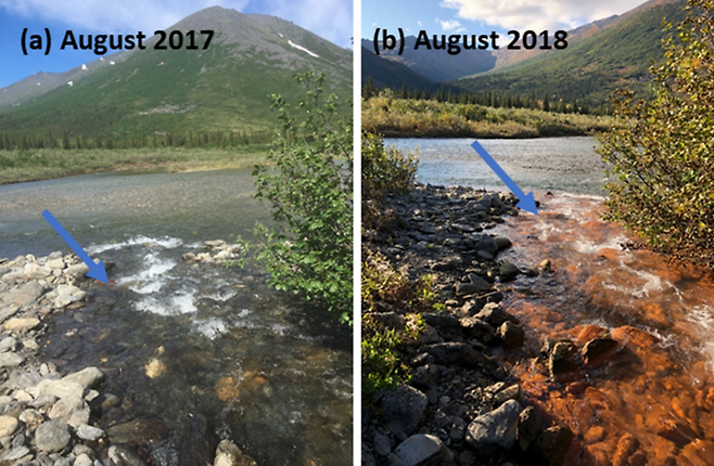 알래스카 북부 브룩스 레인지 일대 강물. 2017년에는 투명했던 강물이 2018년에는 주황빛으로 변하고 있다. 과학저널 ‘네이처’ 논문 갈무리
