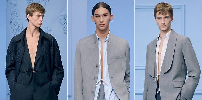 디올 남성복 2024 Pre-fall 컬렉션 룩북. 왼쪽부터 차은우, 정해인, 로몬이 각각 입은 의상과 같은 의상./보그런웨이