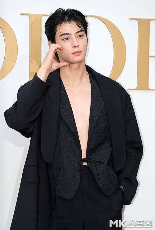 차은우는 이너 티셔츠 없이 블랙 스트라이프 조끼를 착용해 매력적인 상의실종룩을 선보였다. 사진=천정환 기자