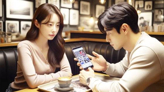 인공지능 '달리(DALL·E)'에게 소개팅에서 자신의 사회관계망서비스(SNS) AI 추천 알고리즘을 보여주는 남녀 이미지를 만들어달라고 의뢰해 생성된 일러스트. 달리