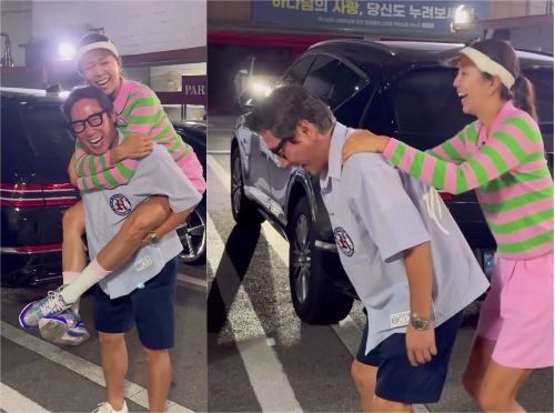 전미라가 윤종신에게 업혀 훈훈한 부부애를 자랑했다. 사진=전미라 SNS