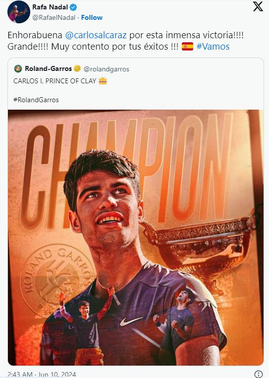 카를로스 알카라스의 프랑스오픈 우승을 축하한 라파엘 나달. 라파엘 나달 SNS 갈무리