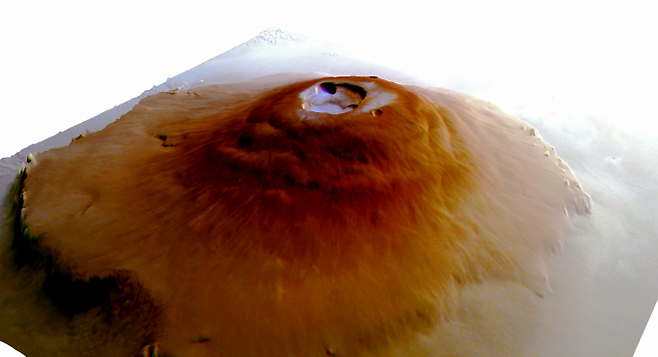 ESA의 화성 궤도 탐사선 마스 익스프레스로 촬영해 3차원(3D)으로 재구성한 올림푸스 몬스. 정상의 밝은 부분이 서리다. Adomas Valantinas 제공