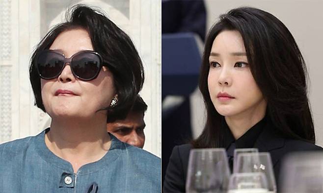 문재인 전 대통령의 배우자 김정숙 여사(왼쪽). 윤석열 대통령 배우자 김건희 여사. 연합뉴스