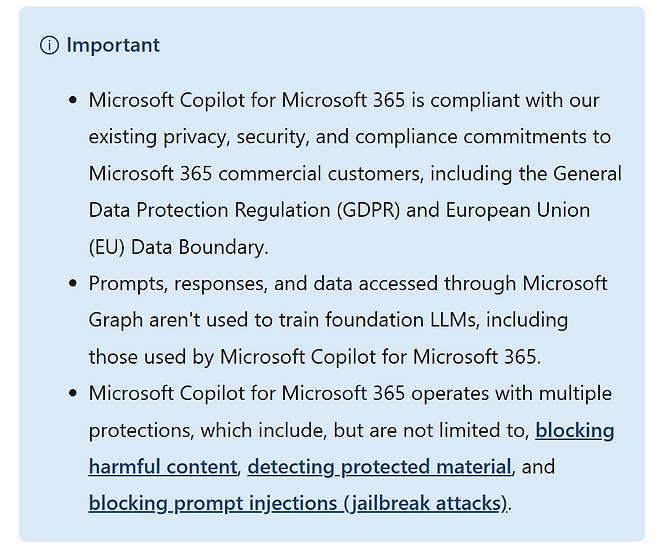 마이크로소프트의 코파일럿이 답변을 참고할 때 참고하는 이용자 데이터, 프롬프트 등을 LLM 학습에 쓰지 않는다고 분명히 명시하고 있다 / 출처=마이크로소프트 홈페이지 캡처
