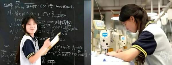 알리바바 주최 글로벌 수학경시대회 결선에 진출한 고교생 장핑이 수학 문제를 푸는 모습(왼쪽)과 재봉틀로 작업하는 모습. 장핑은 장쑤성의 직업전문학교에서 패션 디자인을 전공하고 있다. 바이두 캡처