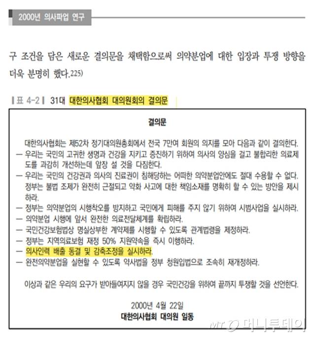 200년 4월22일 당시 대한의사협회 대의원회 결의문 속 '의대정원 감축'에 대한 내용이 언급돼있다./사진제공=보건복지부