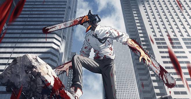 포치타와 한 몸이 되어 체인소맨으로 변신한 덴지. 애니메이션 스튜디오 마파(MAPPA) 누리집 갈무리