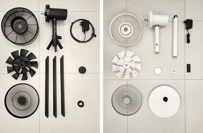 발뮤다의 그린팬 스튜디오를 분해한 모습. 오른쪽 사진은 그린팬 S 분해 모습. 이동수 기자