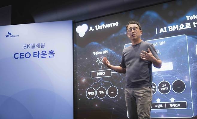 유영상 SK텔레콤 대표가 25일 서울 을지로 T타워에서 타운홀 미팅을 열고 AI 사업 전략과 본원적 경쟁력 강화(OI) 방안을 구성원들에게 공유했다. SK텔레콤 제공
