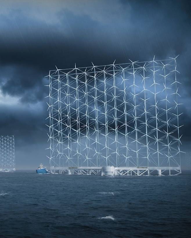 신개념 풍력 발전기 ‘윈드 캐처’가 바다에 설치된 상상도. 높이가 최대 320m에 이르며 소형 바람개비가 일정한 간격을 두고 돌아가면서 126메가와트(㎿) 발전 용량을 실현할 수 있다. 윈드 캐칭 시스템스(WCS) 제공