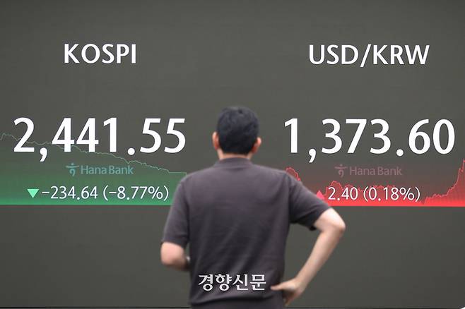 코스피가 장중 2400선 아래로 급락한 5일 서울 중구 하나은행 딜링룸 코스피 전광판에 이날 최저치인 2,386.96이 표시되고 있다. 2024.08.05 한수빈 기자