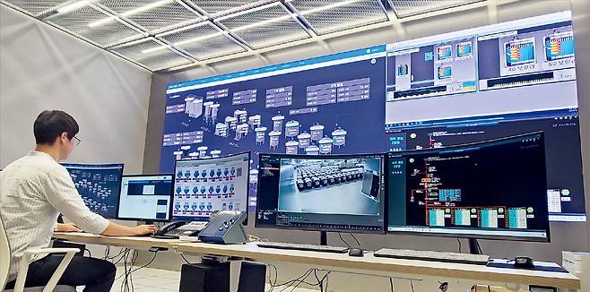 화요 2공장 CCR(중앙관제실) 룸 모습. 전면의 대형 스크린에 발효조, 숙성실 등 공장 곳곳에서 보내는 데이터와 수치가 표시되고 있다. 작업자는 현장에 직접 가지 않고 MES(제조실행시스템)로 공장 상황을 보고 제어한다. /강경주 기자