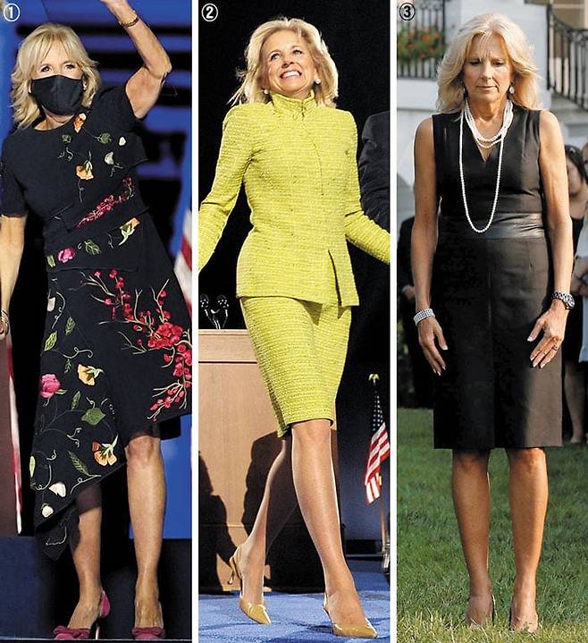 ①조 바이든 당선인의 승리 수락연설장에 함께한 질 바이든. 오스카 드 라 렌타의 꽃무늬 원피스로 시선을 끌었다. ②2008년 버락 오바마 대선 승리 수락연설 당시 질 바이든. '희망'을 뜻하는 노란 투피스가 돋보인다. ③지난 2013년 부통령 부인으로 9·11참사 12주기 행사에 나선 질 바이든. /UPI·AFP·로이터 연합뉴스