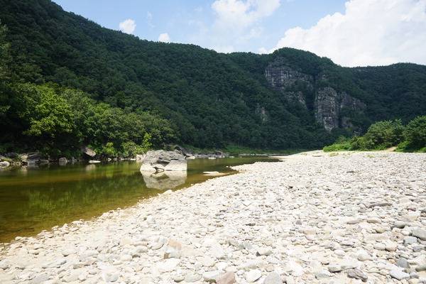 퇴계 선생이 이름 붙였다는 맹개마을 앞의 경암과 학소대.