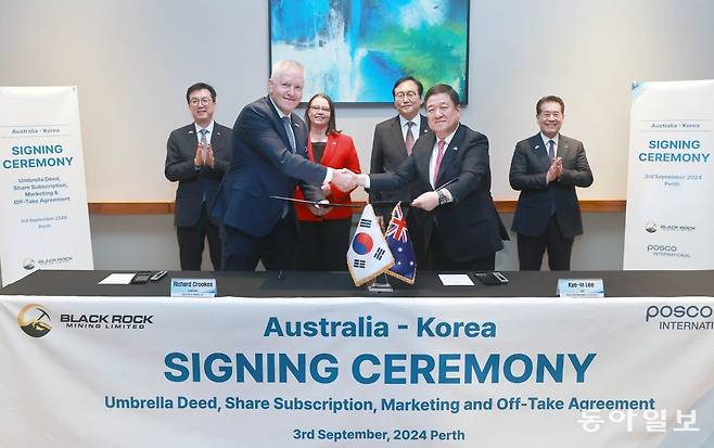 3일 호주 퍼스 크라운타워스에서 열린 ‘제45차 한-호주 경제협력위원회 합동회의’에서 포스코인터내셔널과 호주계 광업회사인 블랙록마이닝이 4000만 달러 규모의 투자계약을 체결하고 있다. 오른쪽부터 장인화 포스코그룹 회장, 이계인 포스코인터내셔널 대표이사, 정인교 산업통상자원부 통상교섭본부장, 메들린 킹 호주연방 자원부 장관, 리차드 크룩스 블랙록마이닝 비상임회장, 김준형 포스코홀딩스 이차전지소재 총괄. 포스코인터내셔널 제공