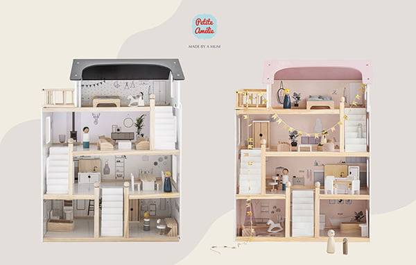 쁘띠 아멜리 원목 인형의집 아기 유아 장난감 세트 2종(왼쪽부터: 블랙앤화이트, 핑크)