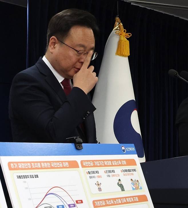 조규홍 보건복지부 장관이 4일 서울 종로구 정부서울청사에서 연금개혁 추진계획 발표 도중 안경을 만지고 있다. 연합뉴스