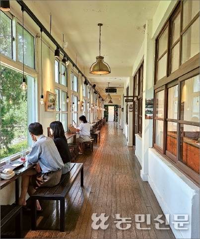 복도에서 휴식을 취하고 있는 카페 방문객들. 성수기엔 하루 500여명이 이곳을 찾는다.