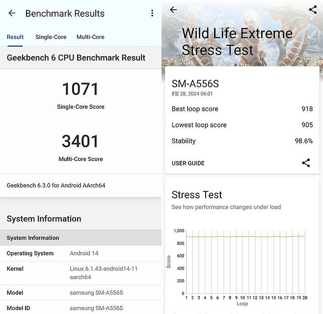 갤럭시 퀀텀5 긱벤치6(왼쪽), 3D마크 와일드 라이프 익스트림 스트레스 테스트 결과. 사진=구자윤 기자