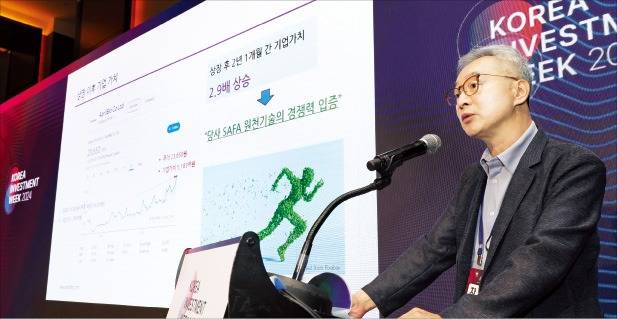 차상훈 에이프릴바이오 대표가 11일 ‘코리아 인베스트먼트 위크(KIW) 2024’에서 새로운 항체약물접합체(ADC) 기술을 설명하고 있다. /임대철 기자