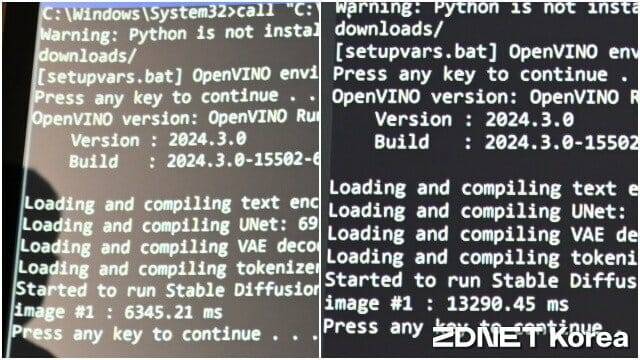 코어 울트라 200V(좌) / 코어 울트라 시리즈1(우)의 스테이블 디퓨전 1.5 처리 소요 시간. (사진=지디넷코리아)