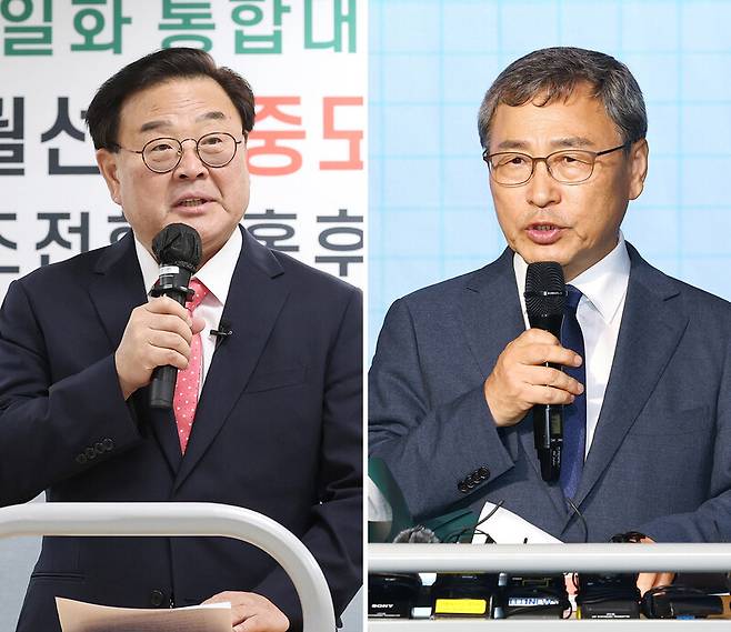 10월 16일 서울시교육감 보궐선거를 앞두고 경선을 통해 단일 후보로 추대된 조전혁 전 한나라당 의원(왼쪽)과 진보진영 단일화 후보로 확정된 정근식 서울대 명예교수. 연합뉴스