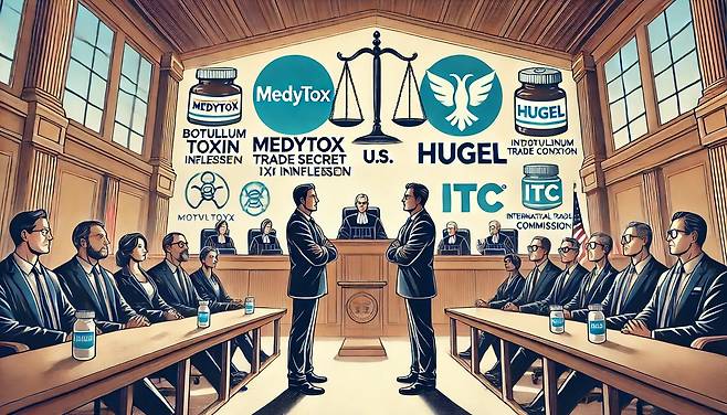 메디톡스와 휴젤이 미국 국제무역위원회(ITC)에서 분쟁 중인 모습을 표현한 그림./DALL·E