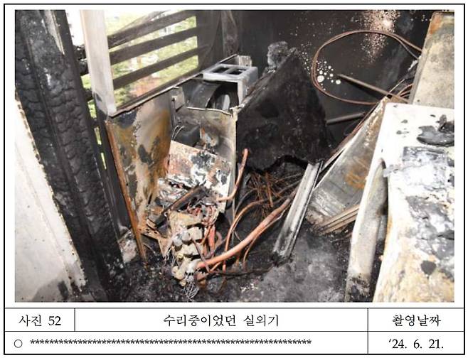 지난 6월 20일 화재가 발생한 서울 강남구 역삼동 현대 아이파크 아파트의 실외기 모습. /소방청 제공