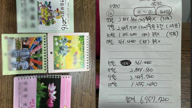 박소연씨가 이미운의 딸 소유 카페에서 일한 날을 적어놓은 달력들. 박씨 제공