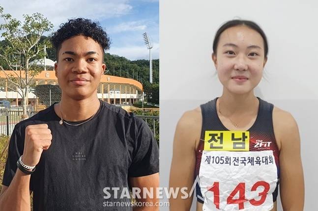 13일 김해종합운동장에서 열린 제105회 전국체육대회 육상에서 고등부 대회 신기록을 나란히 작성한 나마디 조엘진(왼쪽)과 이은빈. /사진=양정웅 기자